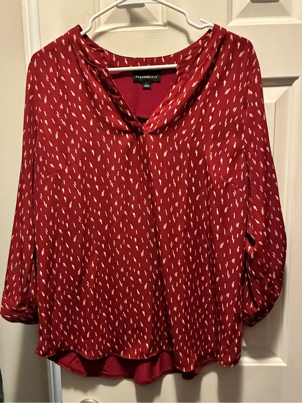 Fortune & Ivy Wine Red Printed V-Neck Blouse